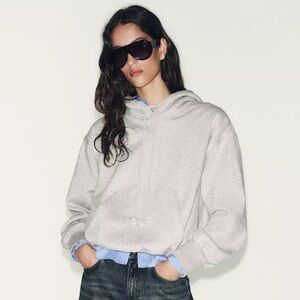 ZARA Balloon Hoodie Sweatshirt w Faux Pearl Detail on Drawstrings L NWT